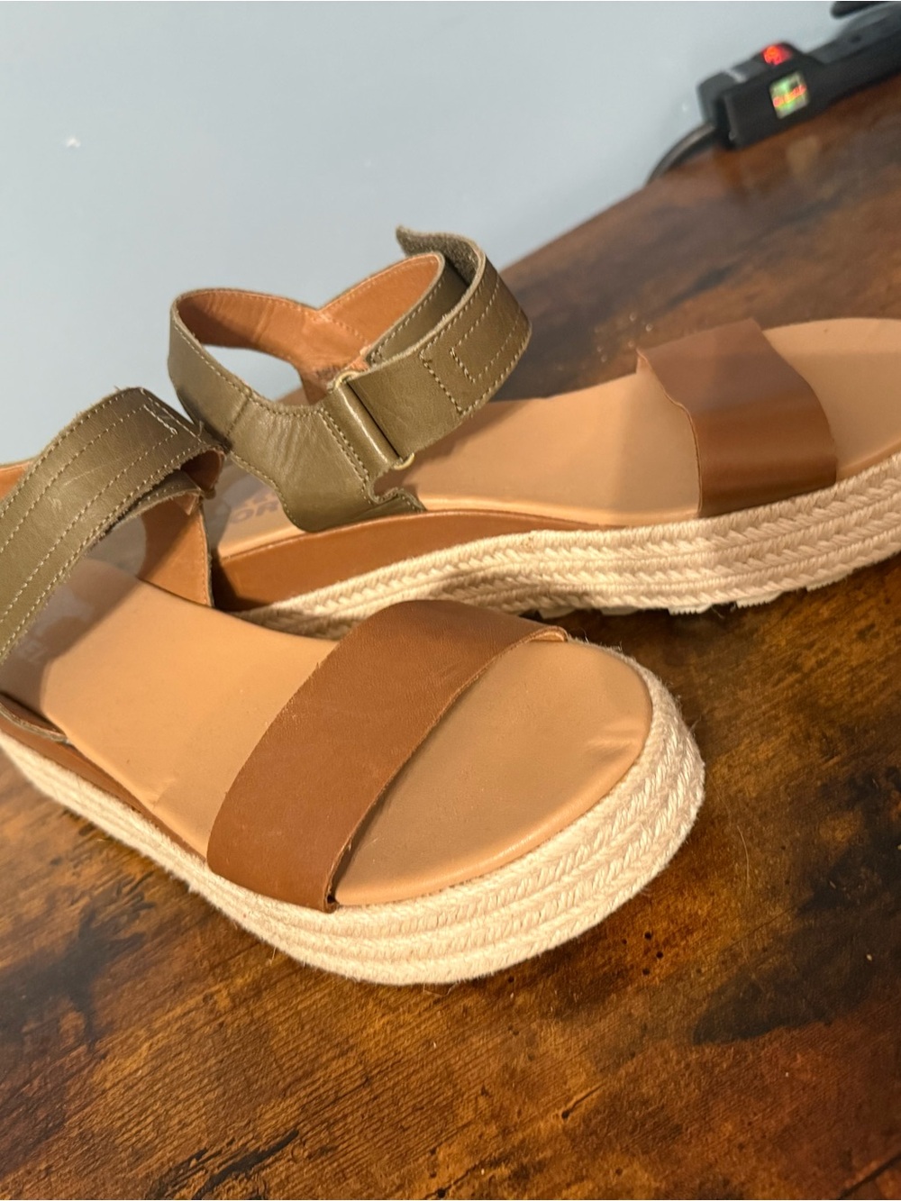 Sorel Brown and Olive Platform Espadrille Sandals